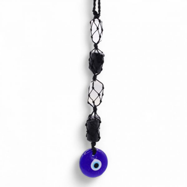 Protection Hanging Stones Pendant - Black Tourmaline, Selenite and Evil Eye